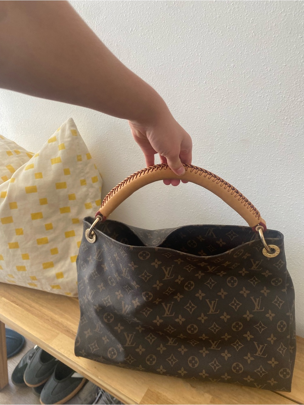 Brown Monogram Hobo Bag in Brown with Natural Leather Handle
